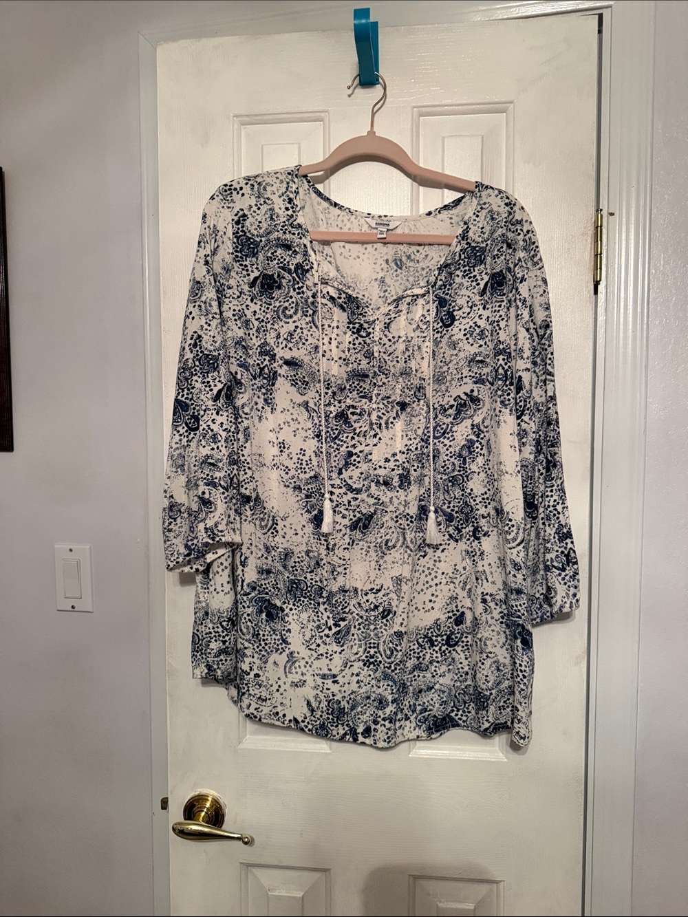 Sonoma White and Navy Paisley Tie-Front Blouse